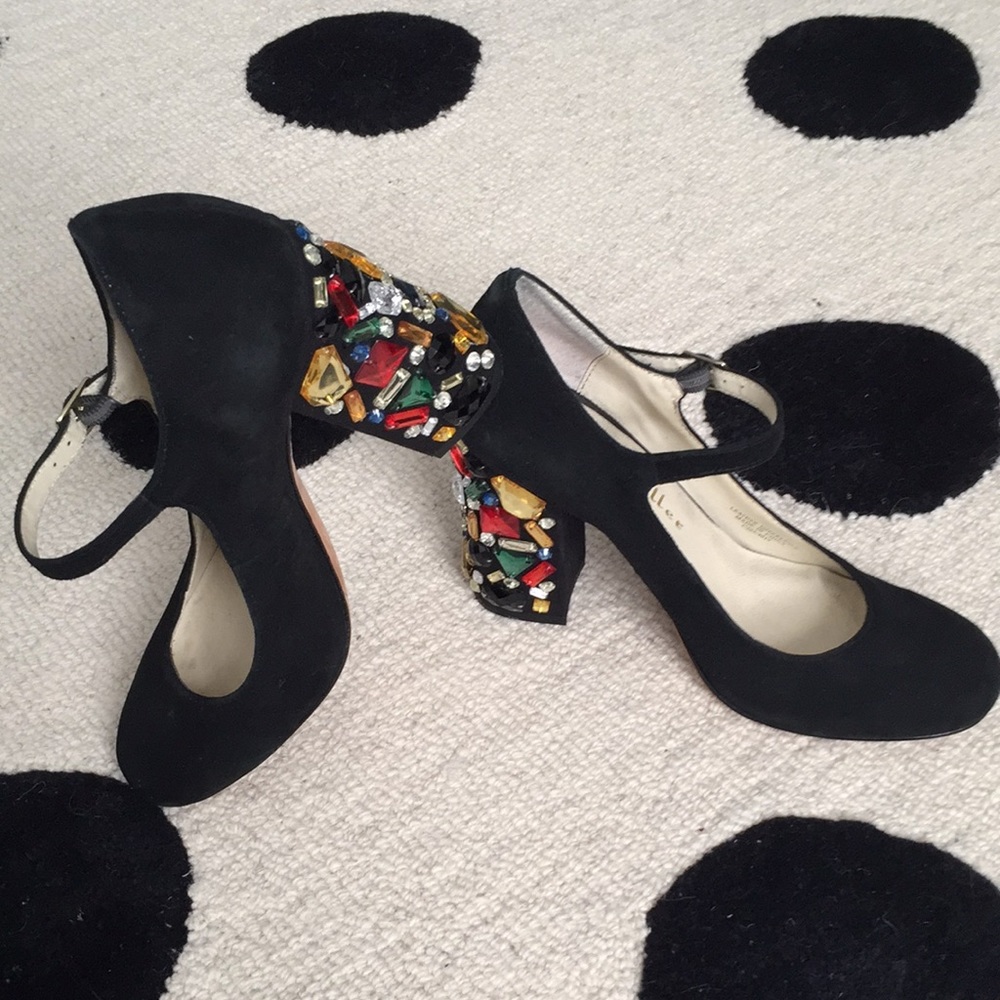 Bettye Muller Black Suede Mary Jane Jeweled Heels